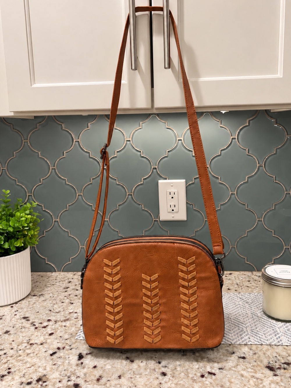 Genuine Leather Brown Crossbody Bag Embossed Chevron Multiple Zip Compartments